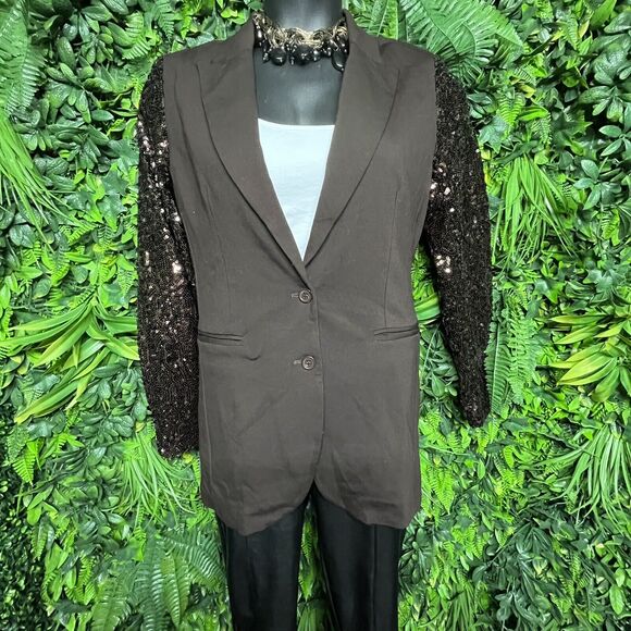 Diane Gilman Women Jacket Medium Brown Sequin Sleeve Blazer Relaxed Fit DG2 - Picture 2 of 11